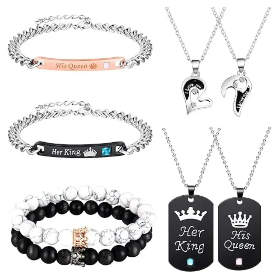 8 Pcs Couples Necklace & Bracelet Set – King Queen Matching Jewelry Gift for Him & Her
