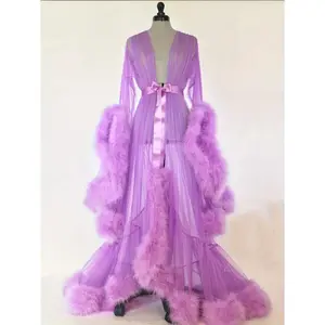 Women’s Plush Sleeve Kimono Robe – Extra-Long Sheer Babydoll Nightdress with Faux Fur Trim, Purple — Elegant & Sexy Lingerie Dress Fabric for Women, can be worn with a raincoat