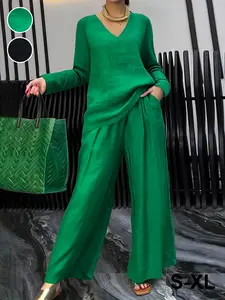 Women's Elegant Solid Color 2-Piece Home Set, Casual Comfort Fashion, Wave Texture Fabric Easy Care, V-Neck Long Sleeve Top + Loose Straight Pants