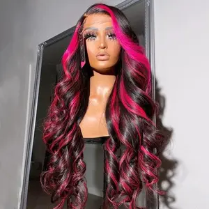 13x6 Highlight 1b/Pink Body Wave Lace Front Wig Human Hair 180% Density Pre Plucked Pre Bleached Ombre Pink And Black Colored Wavy Human Hair Wig Skunk Strip Wig 4/27 Hairstyle dealsforyoudays