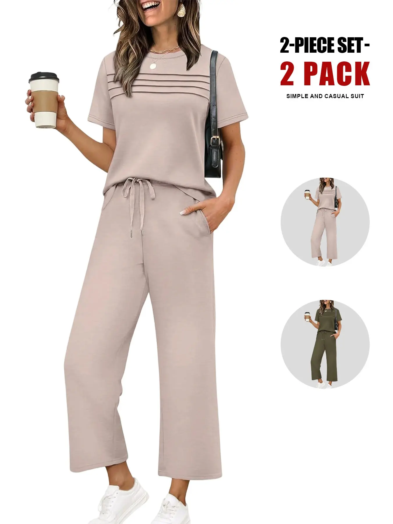 Women's Two Piece Summer Set, Womenswear Casual Minimalist Loose-Fit Short Sleeve Basic Suit, Wide Leg Crop Pants with Pockets, Ideal for Vacation & Travel, Clothes