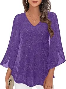 Plus Size Women's Split Cuff V-Neck Sequin Printed Top, Elegant Commuter & Vacation 3/4 Sleeve Blouse for Stylish Occasions