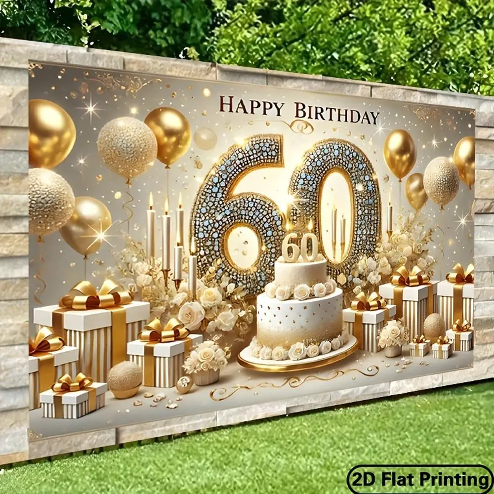 1pc Glam Sparkle Print Cordless 60th Birthday Photography Backdrop - Golden & White Polyester Party Decor with Crystal Accents, Durable Indoor/Outdoor Studio Prop Banner