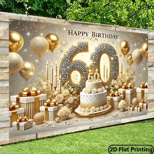 1pc 2D Flat 60th Birthday Photography Backdrop - Golden & White Party Decor with Sparkling Crystal Accents, Durable Polyester Fabric for Indoor/Outdoor Celebrations, Studio Props, No Electricity Ne Banners