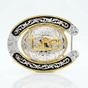 Lucky Horseshoe Praying Cowboy Belt Buckle – Kneeling Horse Christian Cross Hebilla Vaquera Rodeo Enamel Black Gold Silver Fits 1.6 Inch Snap Belt