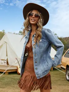 Women's Denim Jacket Classic Washed Button Front Collared Coat with Pockets, Casual Loose-Fitting Long Sleeve Outerwear for All Seasons