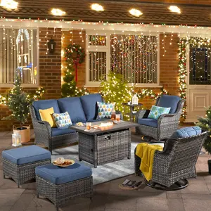 OVIOS Kenard 7-Piece Outdoor Patio Conversation Set with 42'' Propane Fire Pit Table & Rocking Chairs, Wicker Sofa Set with Cushions for Backyard Patio Porch Deck Garden Balcony Outdoor Seating