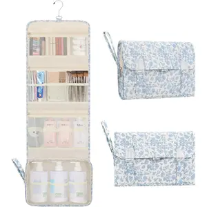 Travel Toiletry Bag with  Hook, Floral  Toiletries Bag for Women, Large Capacity Makeup  Storage Organizer for Full Sized Container, Accessories - Blue Flower