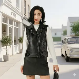 BIGWIG Fashion PU Leather Vest,  Collared Zipper Short Sleeveless Motorcycle Jacket, Casual Leather Vest, Slim Fit Riding Vest, Street Style Jacket, Button-and-Zip  Jacket Women's Ripped Jean Motorized Electric Car License Plate Frame