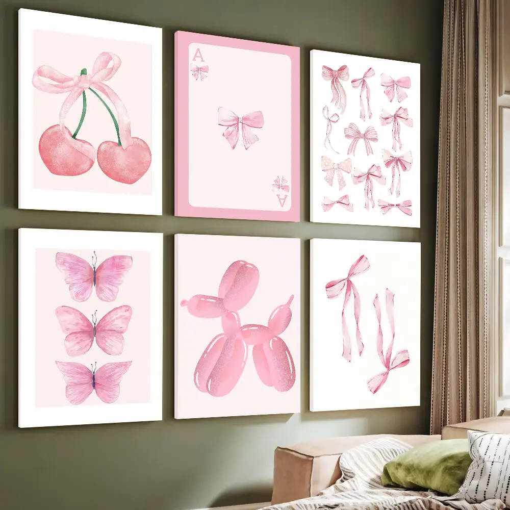 Sturdy Artistic Framed Light Watercolor Wood Print - 24×36 in Multi-Size Bow Graphic Wall Decor, Pink Ribbon Butterfly Aesthetic Art, Rimless Option, Girl’s Birthday Gift