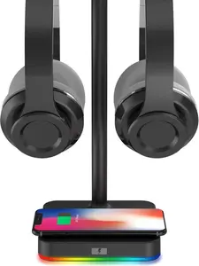 RGB Dual Headphone Stand with Wireless Charger Desk Gaming Double Headset Holder Hanger Rack with 10W/7.5W QI Charging Pad - Suitable for Gamer Desktop Table Game Earphone
