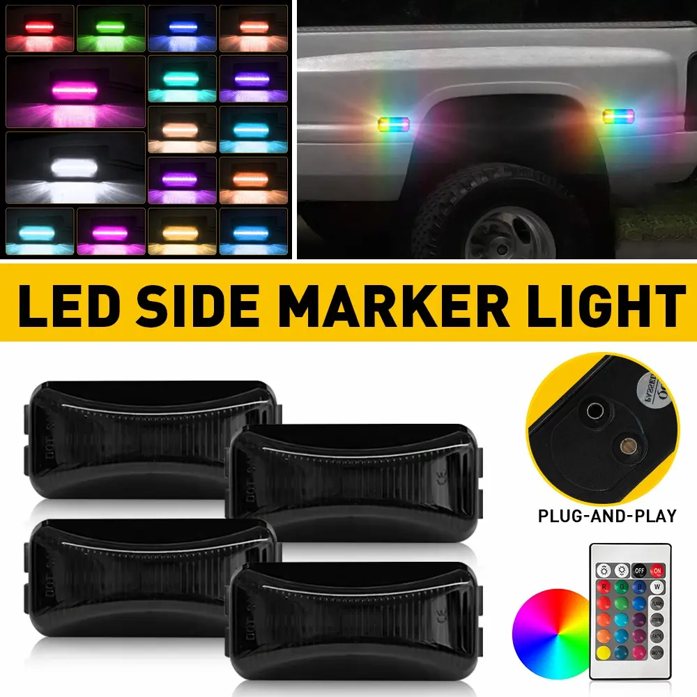 4x Fit Ford F250 F350 1984-1996 Dually Fender Remote-controlled RGB LED Side Marker Lights Smoked