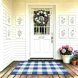 Blue White Plaid Rug, 27.5''x 43'' Checked Outdoor Rug Front Door Decorative Mat, Hand-Woven Washable Reversible Foldable Rug for Front Porch, Entryway (43''L x 27.5''W, Blue White Plaid)