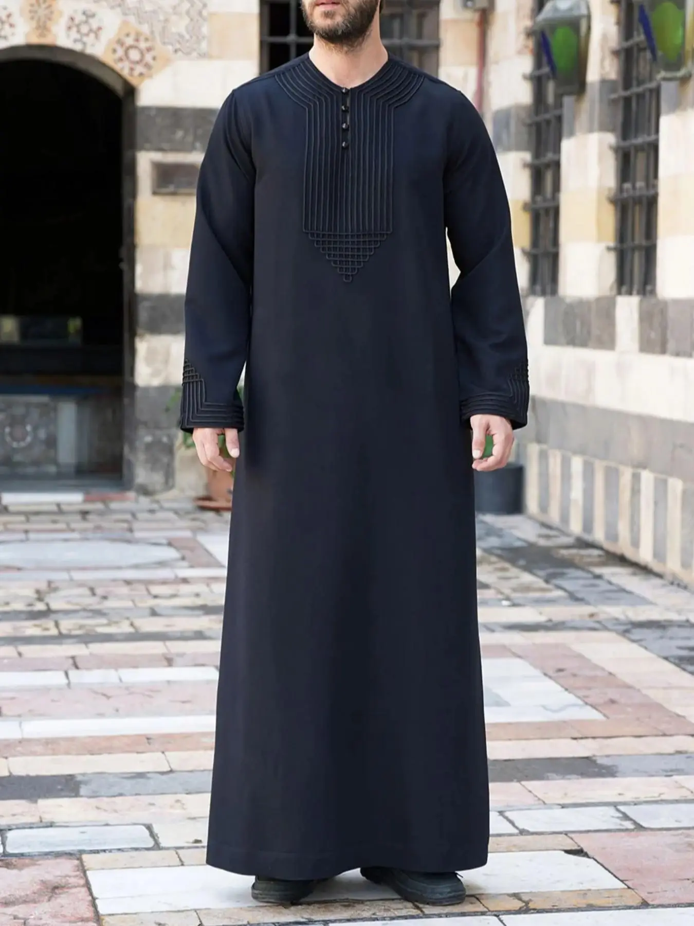 Men's Solid Color Side Pocket Long Robe, Elegant Long Sleeve Round Neck Robe for Daily Wear, Fashion Muslim Clothing for All Seasons