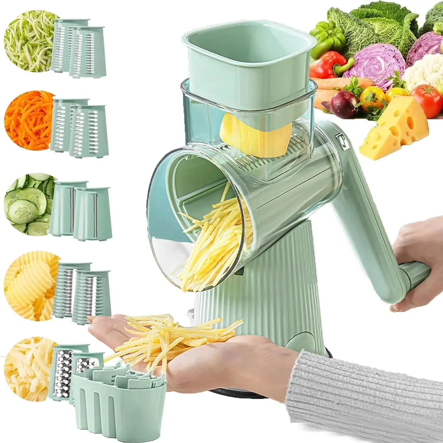 Hand Crank Rotary Cheese Grater 5-in-1, 10 Stainless Blades, Strong Suction Base, Blade Storage Box – Kitchen Timesaver for Foodie