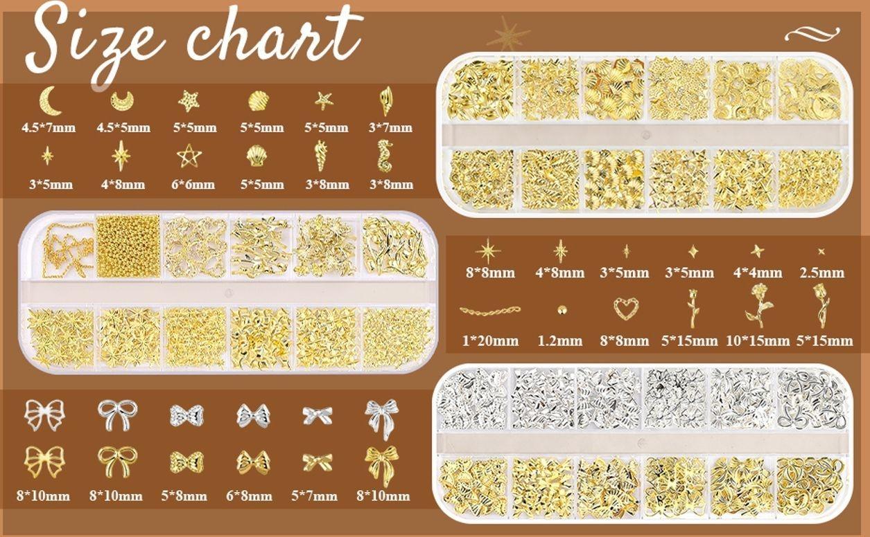 2640Pcs 3D Star Nail Charms, Gold & Silver Multi-Shapes Metallic Nail Art Gems and Small Round Caviar Beads, Craft Jewels Nail Rhinestones Accessories Manicure Decor with Tweezers and Pick-up Pencil