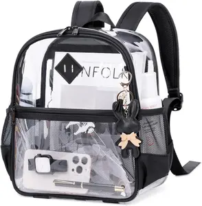 Clear Backpack for Stadium Events Approved 12×6×12, Thick TPU Mini Clear Bag with Front Pocket for Concert Sport Events Work Travel, Black Transparent