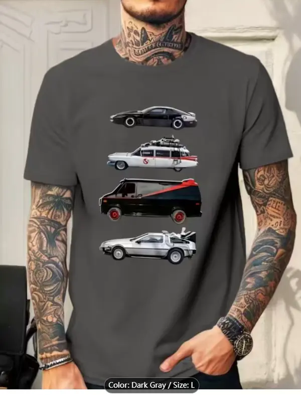 Retro Time Machine Series Car Pattern T-Shirt Trendy Printed Short Sleeve