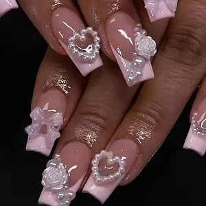 24pcs Luxurious Elegance French-Inspired Long Square Press-On Nails - Pink Glossy with 3D, Floral, Heart & Bow Designs, Medium Length Reusable Artificial Nails for Women & s, Perfect Gift for Weddings, Parties, Special Occasions
