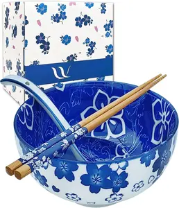 28 Oz Ceramic Ramen Noodle Pho Bowl Set with Chopsticks and Spoon Microwave & Dishwasher Safe,  Style, Ideal  for Ramen Lovers & Solo Dining