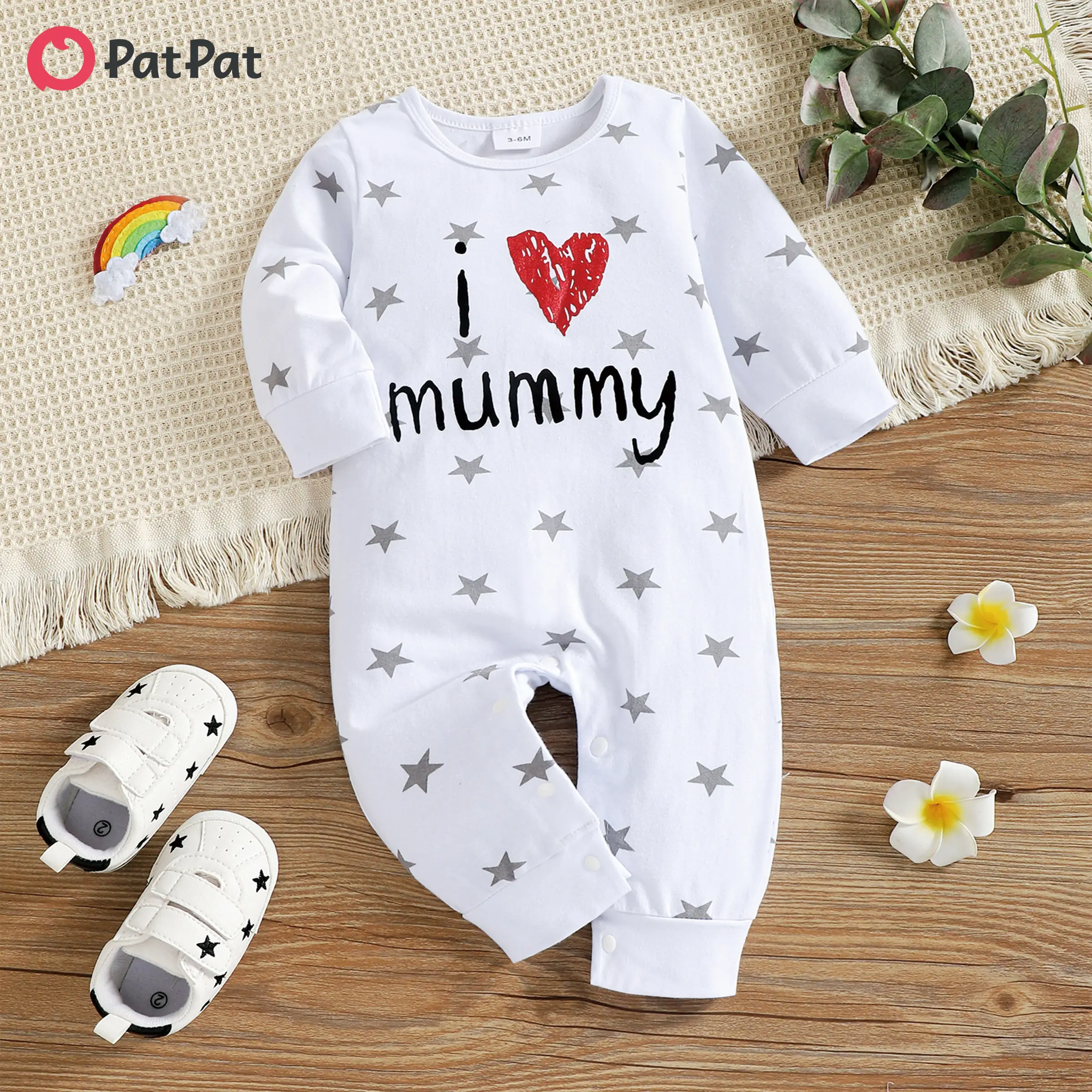 PatPat Baby Boy/Girl 95% Cotton Long-sleeve Love Heart Letter Print Stars/Striped Jumpsuit