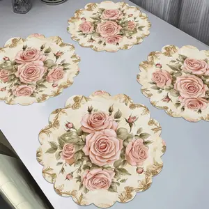 Set of 4pcs Vintage Pink Roses Round Placemats, Scalloped Non-Slip Washable Dining Table Mats for Dining Table, Kitchen, Banquet, Party Decoration, Gift, Daily Holiday, Dining Table Decoration