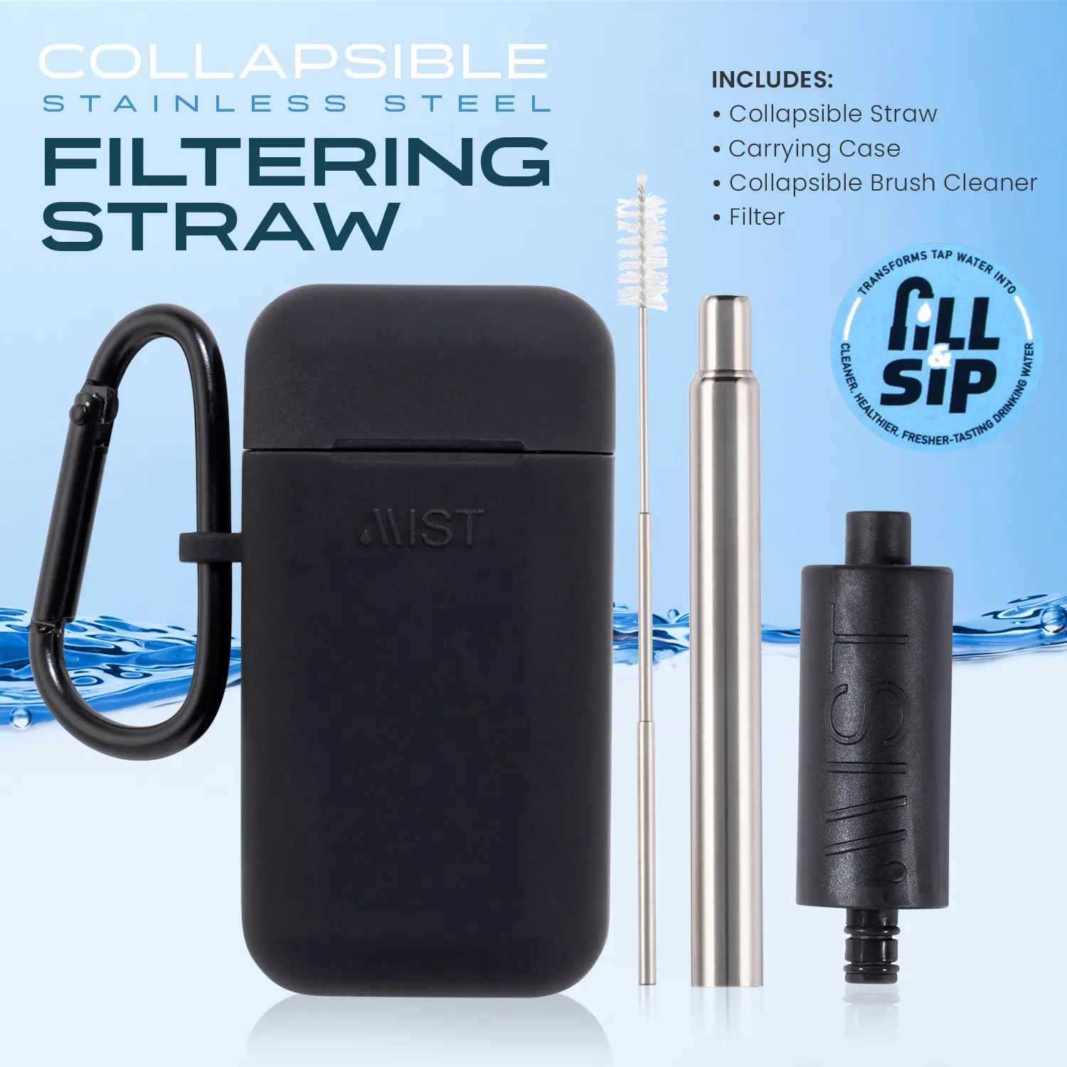 Mist Collapsible Water Filtering Straw, Removes Chlorine & Odor, Stainless Steel, Filter Straw With Carry Case, Brush, Travel-Friendly, Reusable Water Purifier Straw, Black