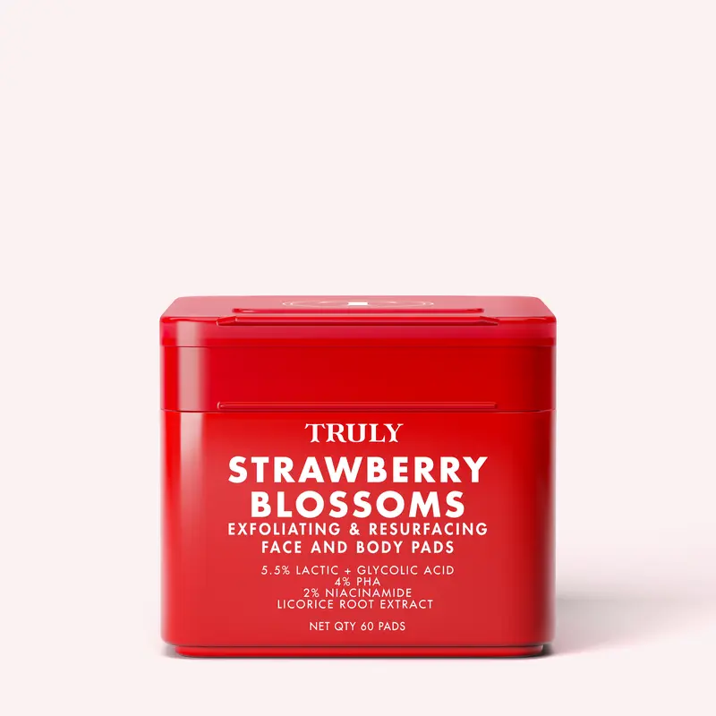 Strawberry Blossom Exfoliating & Resurfacing Face & Body Pads – Infused with Lactic + Glycolic Acids and PHA to Exfoliate, Refine Texture, and Visibly Minimize the Look of Pores
