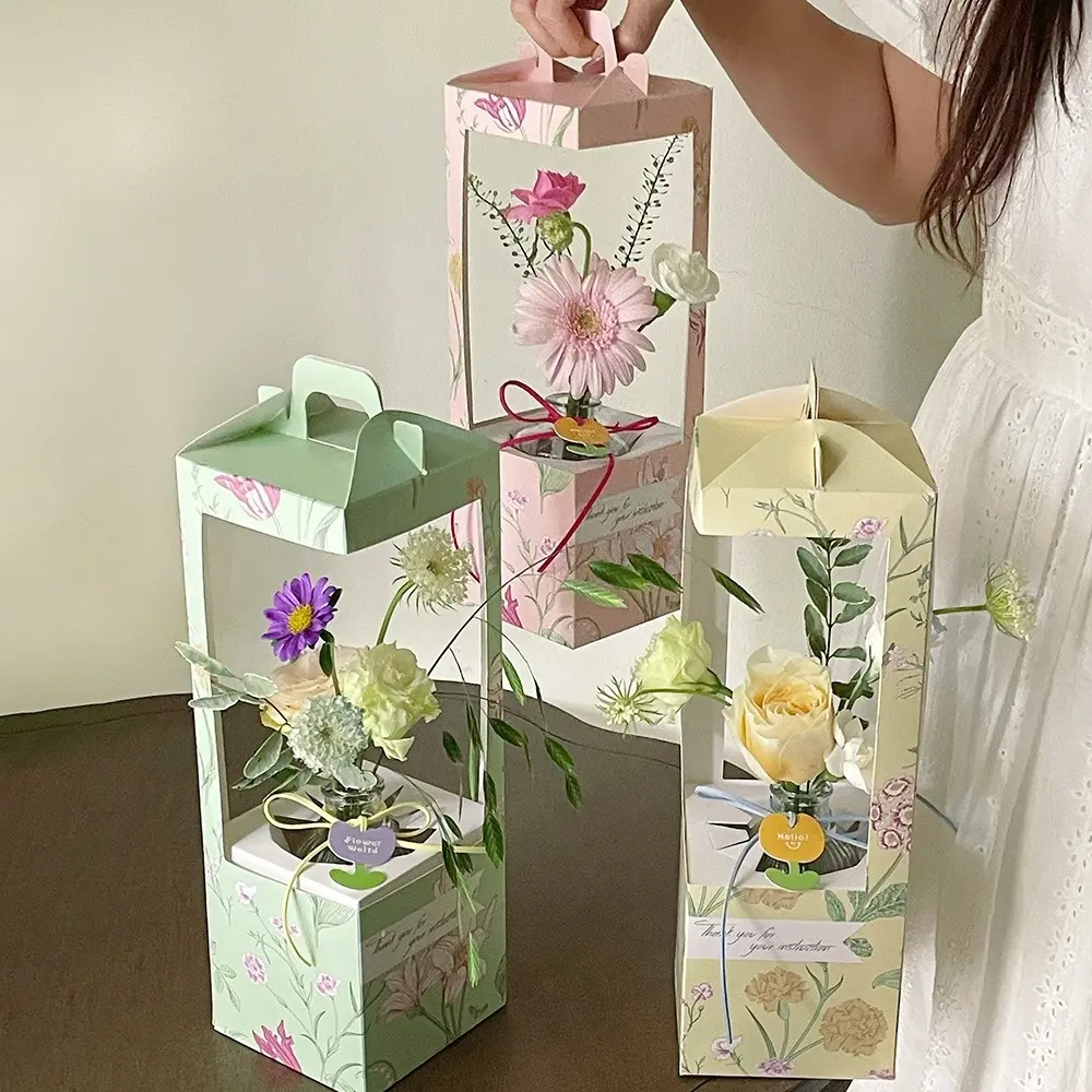 3pcs Handheld Flower Bouquet Packaging Boxes, Portable Floral Gift Bags, Flower Bouquet Packaging, Florist Supplies, Suitable for Weddings, Parties, Festivals, Valentine'S Day, Gifts. Decorative Ornaments