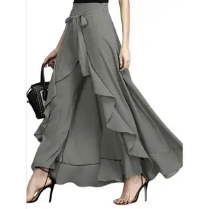 Women’s high-waisted wide-leg pants with belt – lightweight 100% polyester culottes with a ruffled hem, one-piece design for spring/fall casual and formal outings; elegant solid-color trousers