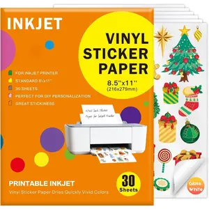 30 Sheets  Printable Vinyl Sticker, Vinyl Glossy White  Sticker, Suitable for Inkjet Printers, Dries ,  Colors,  Resistant, 8.5x11"  for  Machines