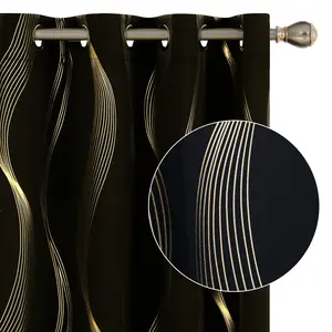Deconovo Blackout Curtains - 2 Panels, Golden Wave Stripe Print | Thermal Insulated & Soundproof Drapes with Grommets for Living Room & Bedroom