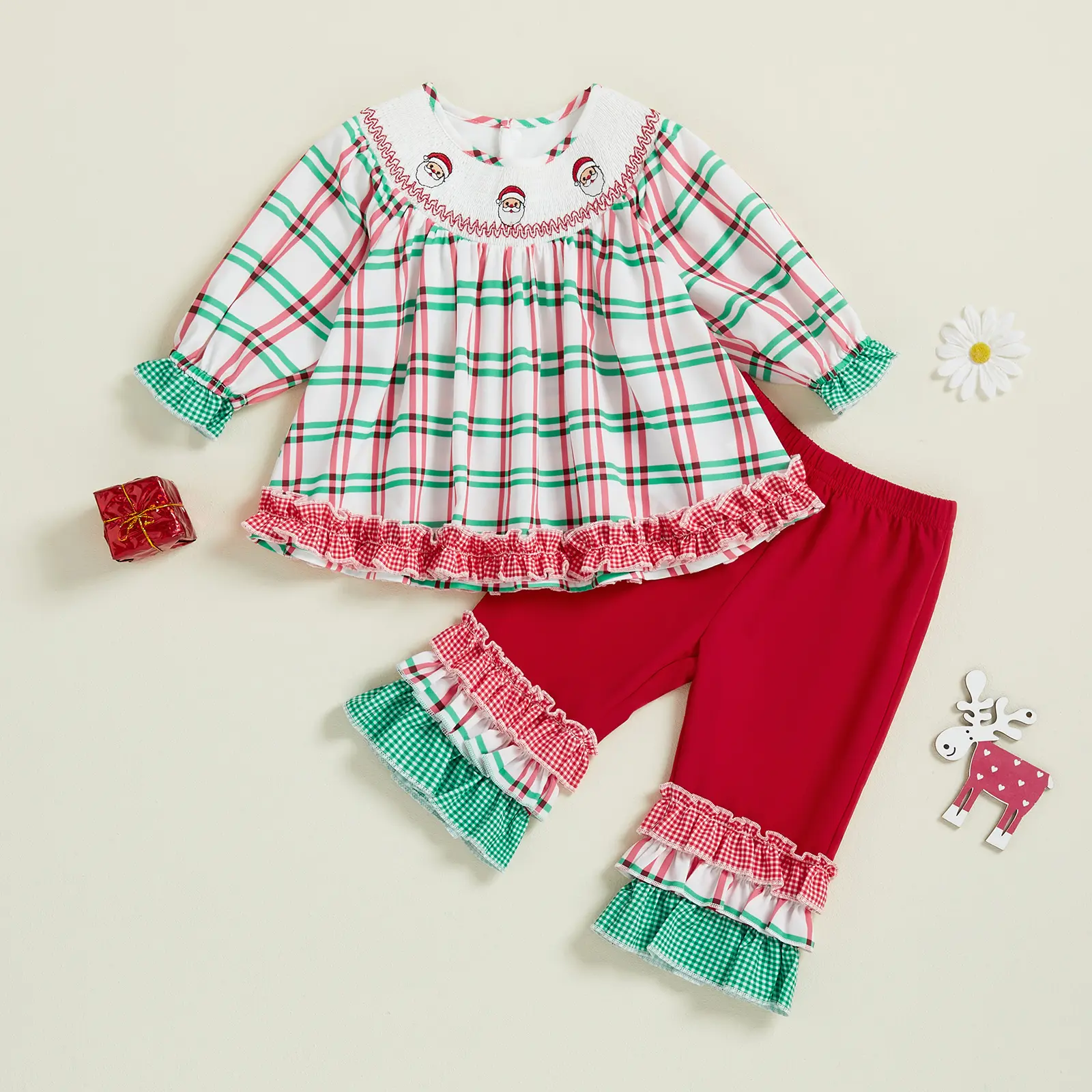 Toddler Baby Girls Christmas Pants Sets Santa Claus Embroidery Long Sleeve Tops Pants Set 0-3 Years