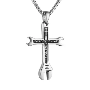 HZMAN Cross Necklace for Men Stainless Steel Bible Verse Philippians 4:13 I CAN DO ALL THINGS Wrench Cross Pendant Necklace
