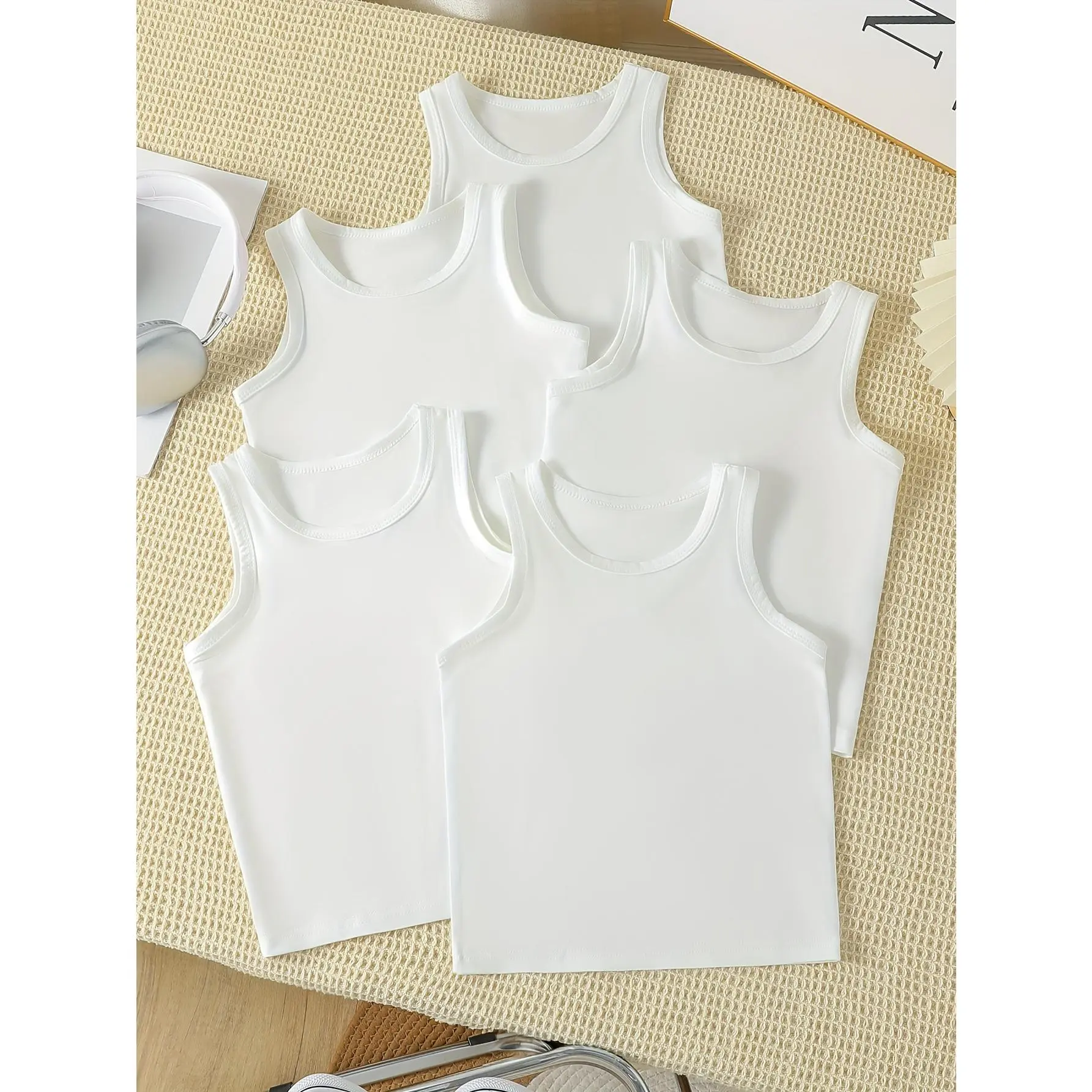 Boys' 5-Piece Solid White Knit Undershirts, Basic Sleeveless Vests for Spring-Summer, Machine Washable, Knitting, Plain, Polyester Fiber, Regular Fit, Everyday, Casual, Clothes, 5-6Y