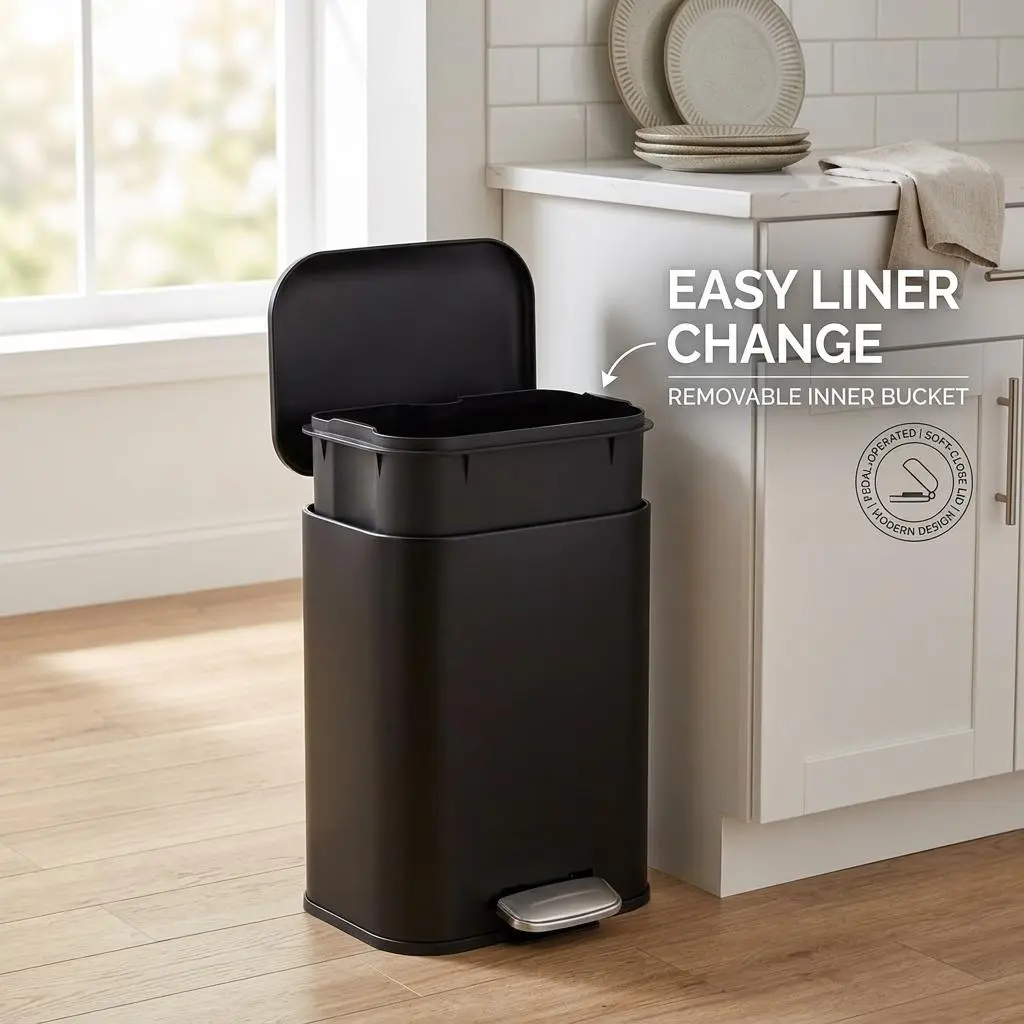 Garvee 13 Gallon Stainless Steel Trash Can 50L Rectangular Kitchen Garbage Bin With Soft Close Lid Step Pedal And Removable Inner Bucket Silver
