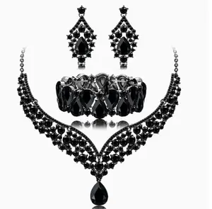 Gothic Black Crystal Jewelry Set - Necklace, Earrings & Bracelet