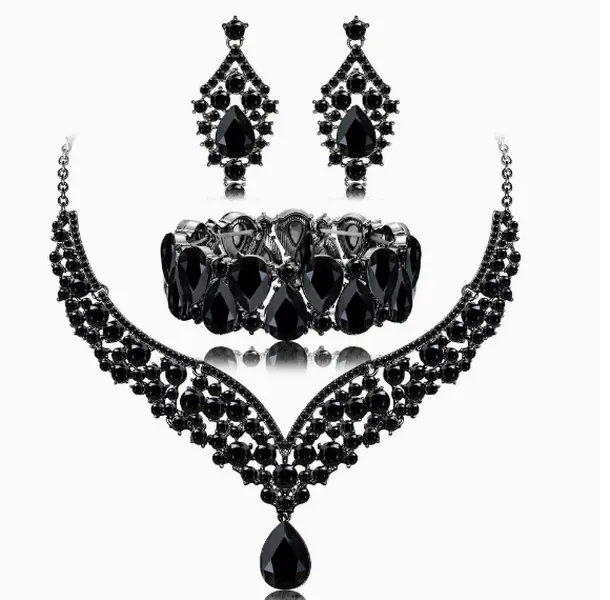 Gothic Black Crystal Jewelry Set - Necklace, Earrings & Bracelet