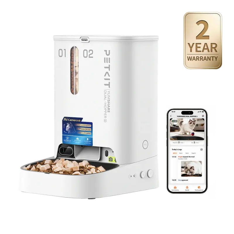 PETKIT YumShare 5L Dual-Hopper Automatic Smart Pet Feeder, Stainless Steel (White) with 1080P HD Camera, Wi-Fi, AI-Powered Facial Recognition, Night Vision, Anti-Stick Bowl, Smart App Control, Dual-Compartment Control, Food Storage for Cats Dogs