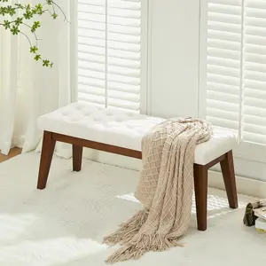 43.5'' Linen Bedroom Bench, Upholstered End of Bed Bench with Tufted Button, Padded Vintage Dining Bench, Entryway Bench with Solid Wood Legs, Kitchen, Living Room, Hallway