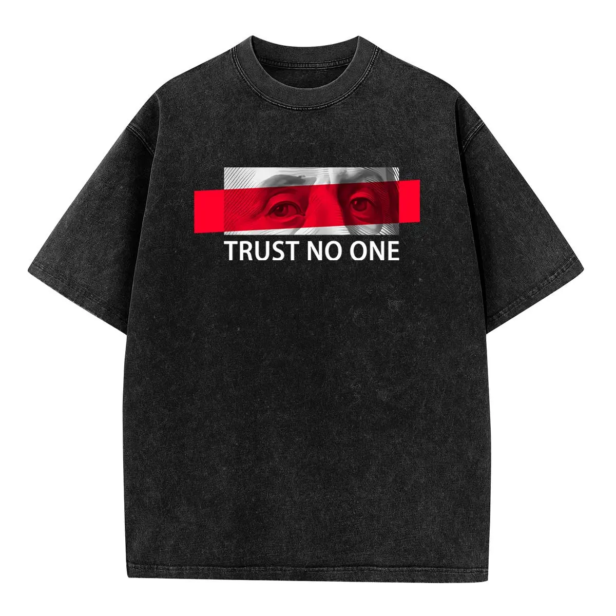 Unisex Acid Wash Top with "Trust No One" Digital Print, All-Seasons Retro Style Streetwear in a Soft Cotton-Polyester Blend, 80s Aesthetic, Shortsleeve, Casual