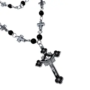 Acrylic Bead Rosary Necklace Christian Cross Pendant Sweater Chain Heart Shaped