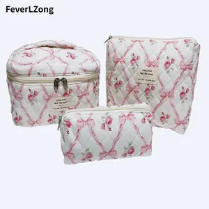 FeverLZong Padded Cotton Cosmetic Bag Set Travel toiletry organizer bag Portable Floral Cotton Cosmetic Bag large capacity makeup organizer casual versatile storage bag cute makeup bag brush quilted  case 3pc  set pouch  singles