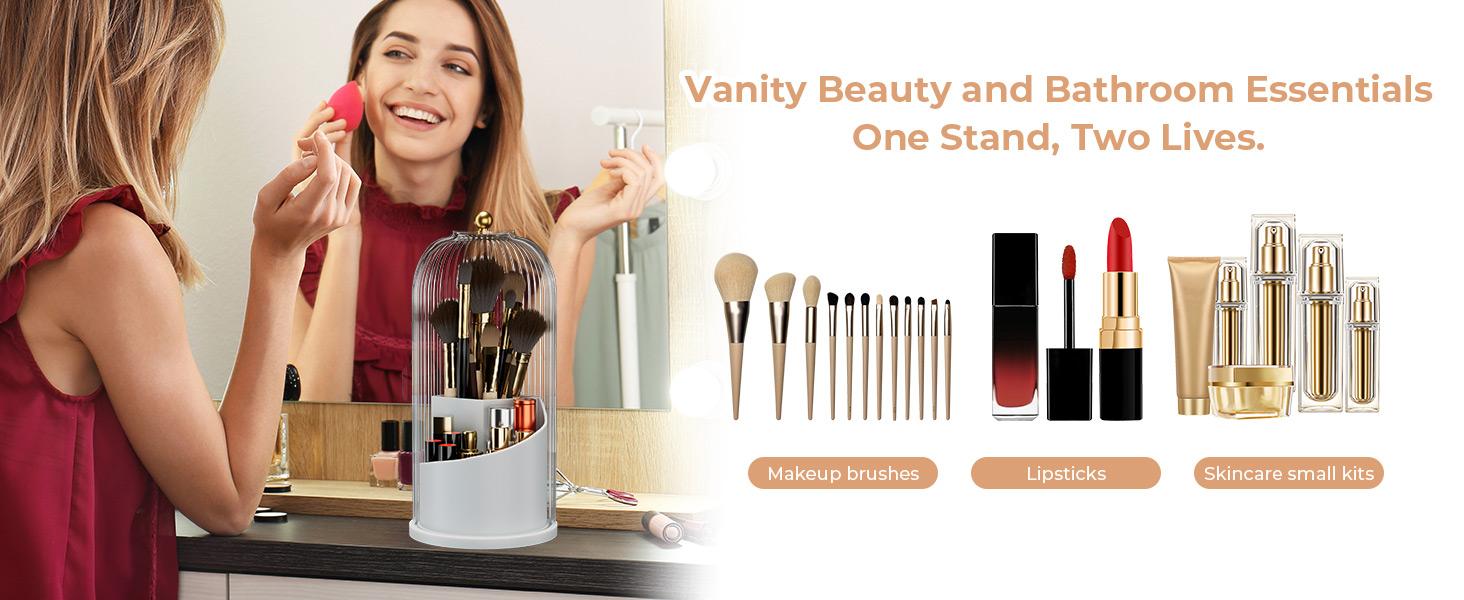 Toothbrush Holders with Sliding Lid Rotating 3 Slots Bathroom Organizer Countertop Grey ABS Material Anti-slip Drainage Vanity Makeup Brushes Organizer Pad Accessory Modern