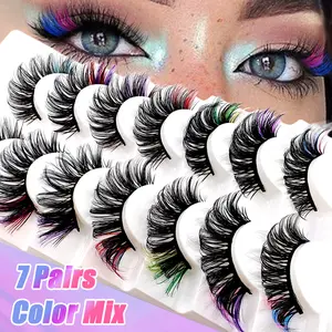 7 Pairs Colorful False Eyelashes, D Curl Voluminous Crossed Lashes, Comfortable All-Match Cat Eye Fake Lashes, Dense and Fluffy, Lightweight