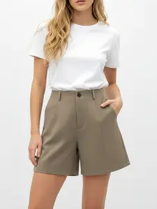 Women's Solid Color Casual High Waist Straight Leg Shorts, Front Button Side Pockets, Fitted Short Pants, Plain Style, Basic