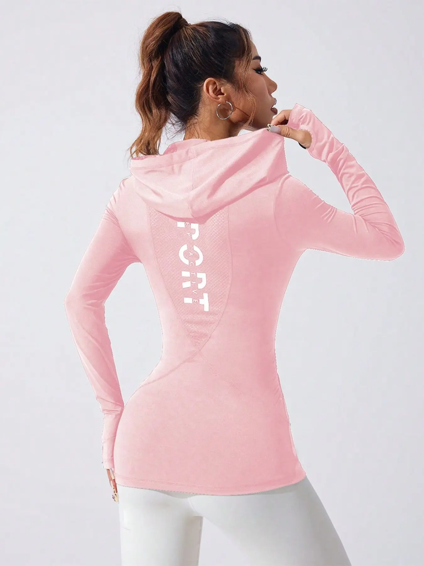 Women's Sporty Hooded Sweatshirt, Slim-Fit Long Sleeve Yoga Running Fitness Top, Breathable Mesh Patchwork V Neck Pullover, Gym Tops