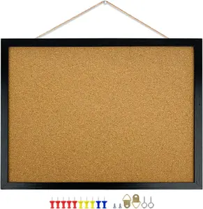 Modern Black Wooden Cork Bulletin Board Set, 17.7x13.3in Oak Wood Frame, Includes Pins, Eye Bolts, Gaskets, Screws for Office Decor & DIY Scrapbooking Stamping Projects