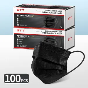 100pcs/2pack Black, GTT Disposable Face Masks 3‑Layer Protection for Adults, ≥95% Filtration, Soft Elastic Ear Loops, Breathable Daily Cover for Home Office Travel School