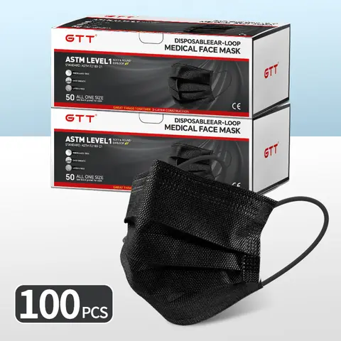 GTT Black ASTM Level 1 Disposable Medical Face Masks 3-Ply Breathable for Adults, Adjustable Nose Wire, Soft Stretch Ear Loops, All-Black Design, Lightweight Dust-Proof Non-Woven, 100 Count (2 Sealed Boxes) for Daily Indoor Outdoor Travel Protection